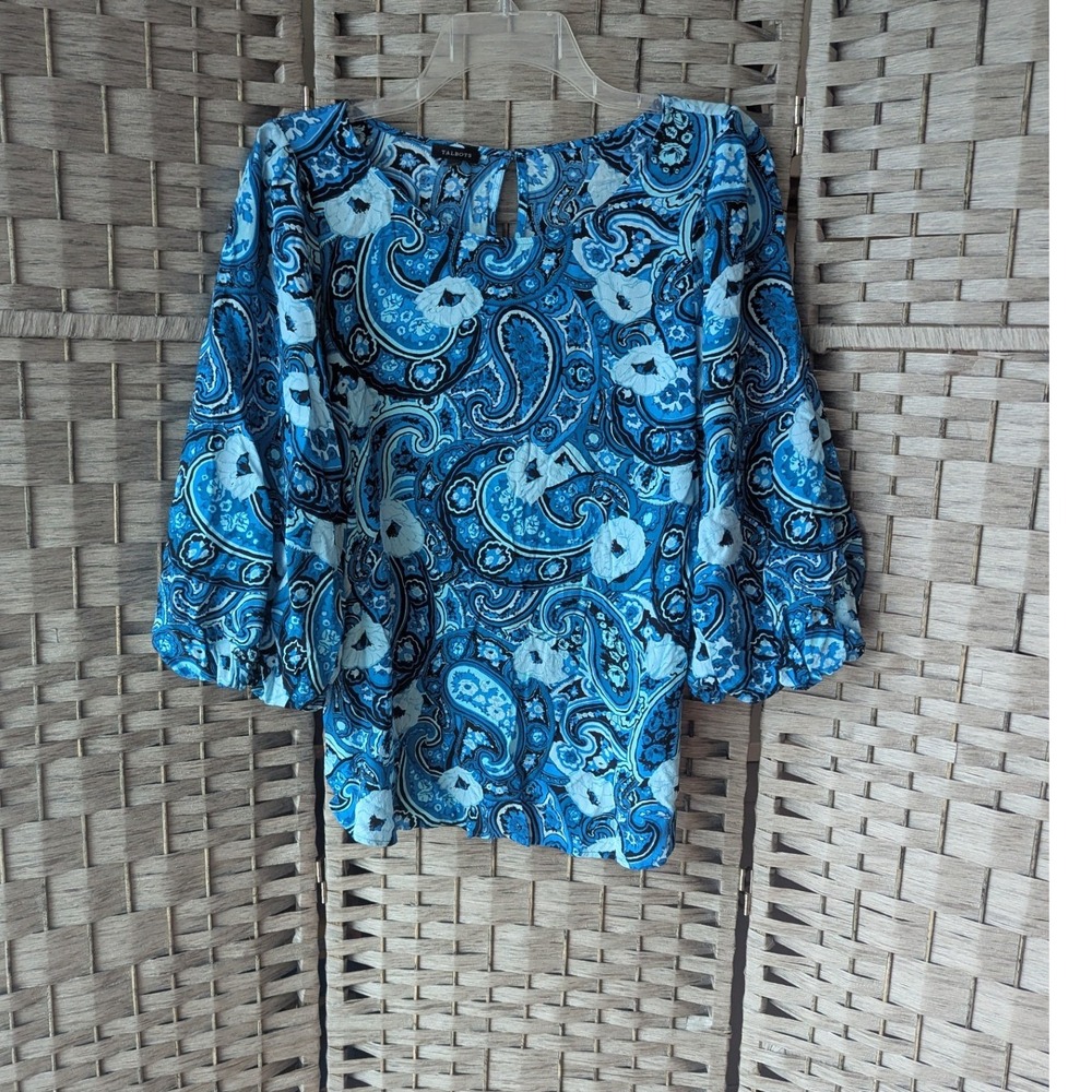Talbots Blouse Blue‎ Paisley Floral 3/4 Balloon Sleeve Med Boho Coastal Feminine